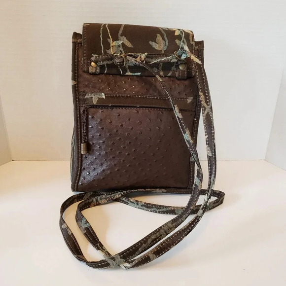 The Tea Garden Womans Brown Faux Ostrich Leather/Floral Fabric Crossbody Bag. - Picture 2 of 13